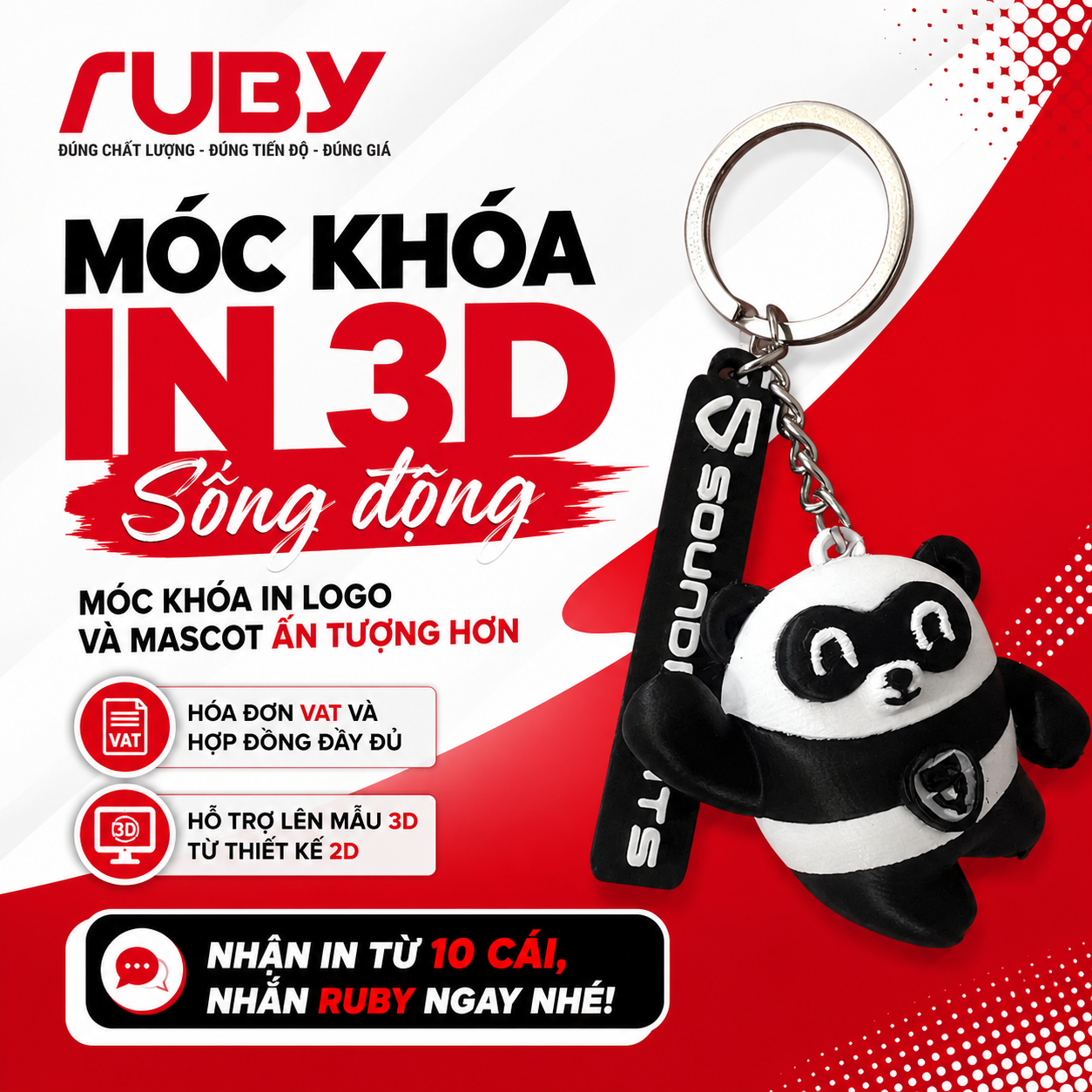 Poster quảng cáo xưởng in móc khóa 3D sống động của thương hiệu Ruby, chuyên in logo và mascot ấn tượng, hỗ trợ lên mẫu 3D từ thiết kế 2D.